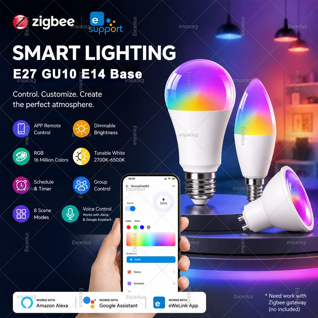 Ewelink GU10 E14 E27 ZigBee Bulb Dimmable Light Led Lamp RGBCW,Smart Led Light Bulbs Works With Zigbee2MQTT Alexa Google Yandex