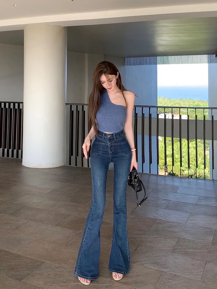 

High Waist Slimming Distred Denim Jeans Women's Spring 2023 Long Leg Micro Flared Blue Jeans ket Detail Trendy Ladies