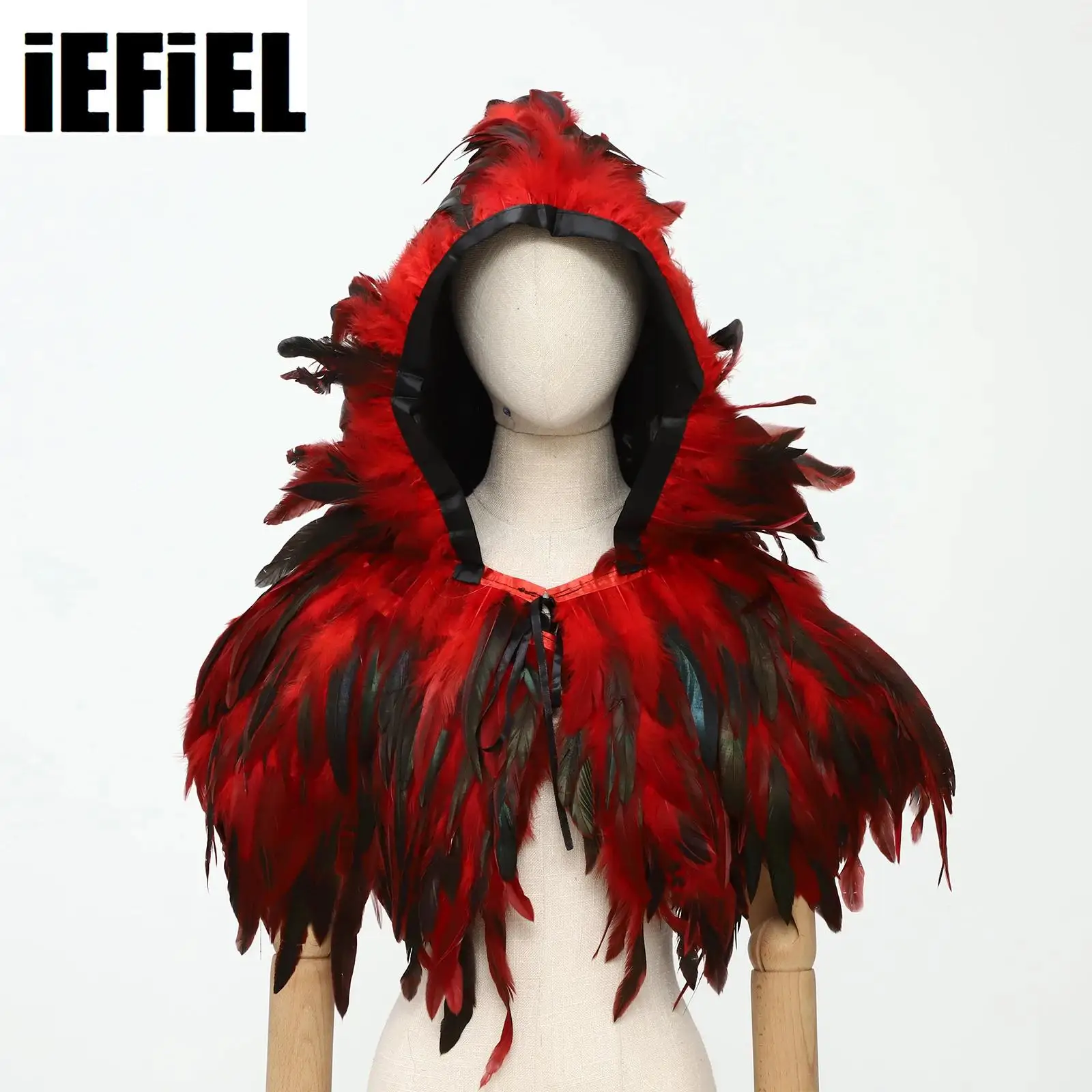 

Halloween Gothic Feather Hooded Cloak Cape Retro Vintage Punk Feather Lace Bolero Jacket Shrug Wrap Adult Cosplay Rave Costume