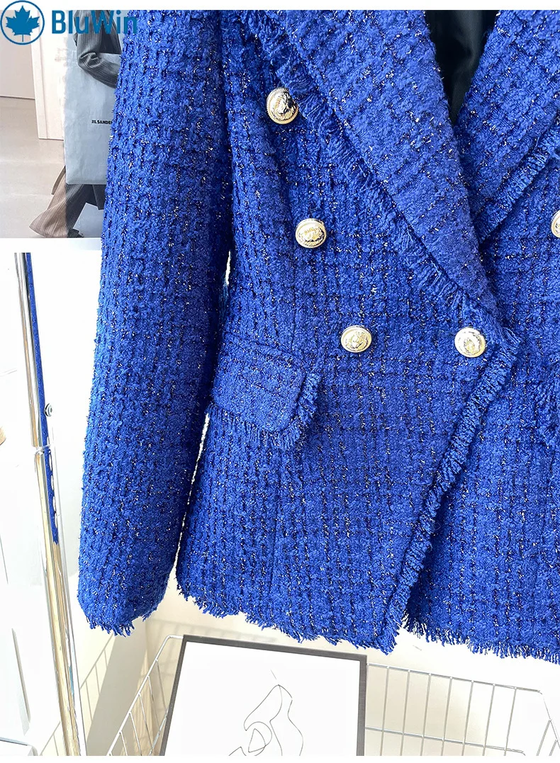 BluWin Women’s Royal Blue Tweed Blazer Double-Breasted Gold Buttons Slim Fit Notched Lapel Chic Office Suit Jacket
