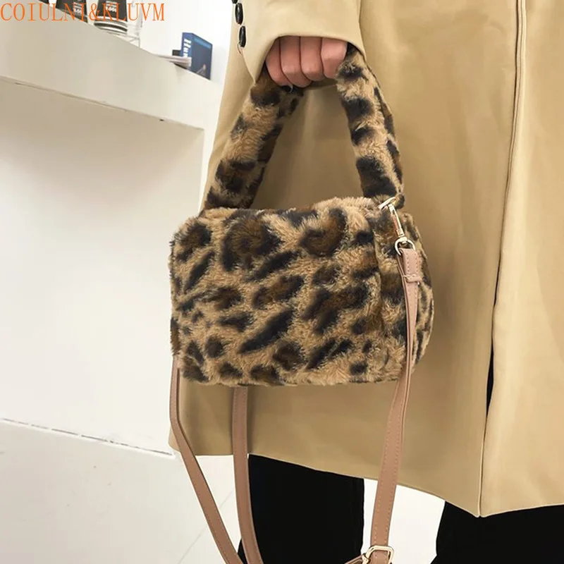 【COIULNI&KLUVM】new plush bag high-end pink leopard print fluffy handbag female cute fashion portable messenger bag