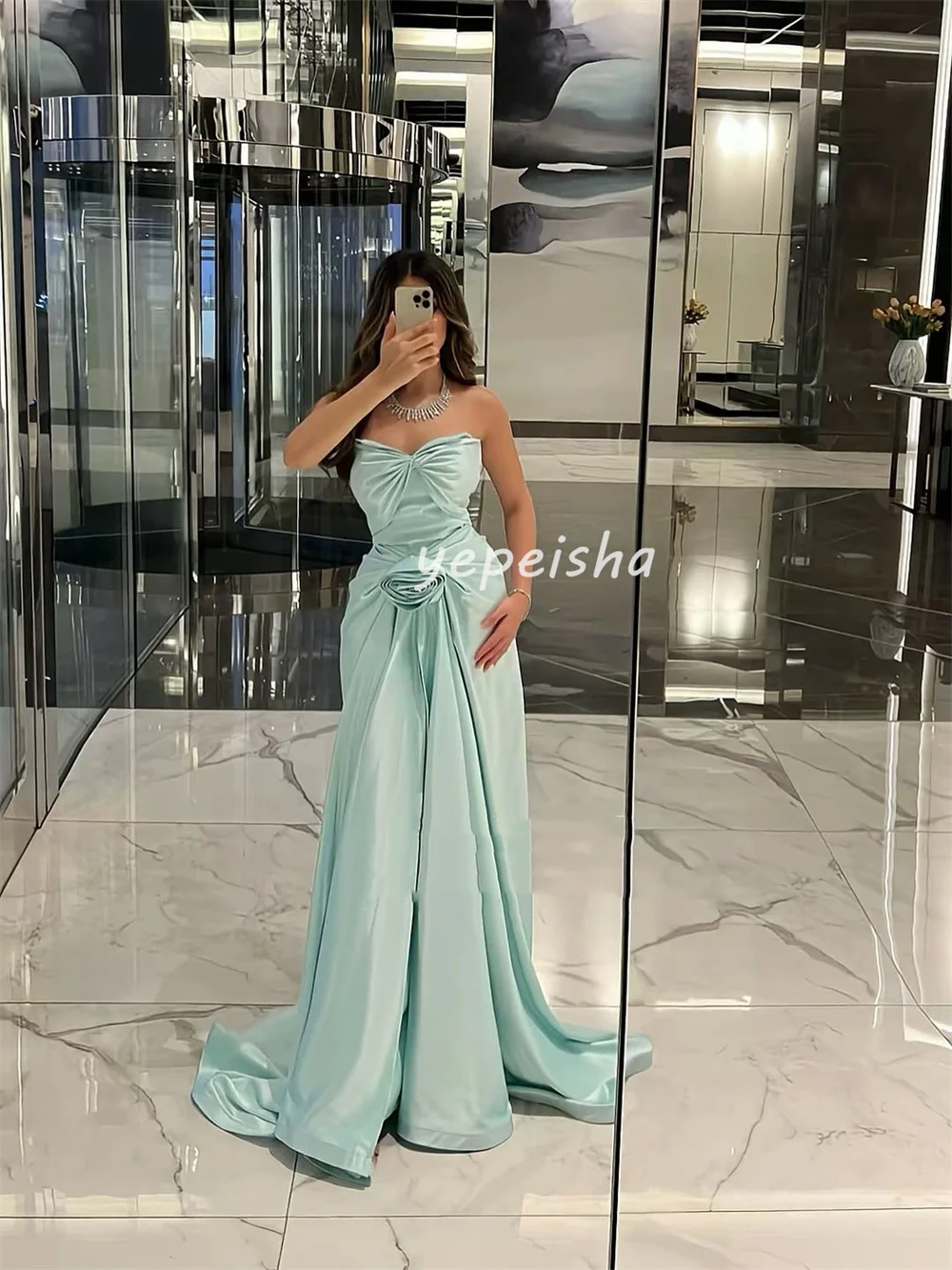 ชุดเดรสยาวทรงเอไลน์แบบไร้สาย แต่งระบายจีบดอกไม้แฮนด์เมด ดีไซน์เฉพาะตัว สำหรับโอกาสพิเศษ คุณภาพสูง