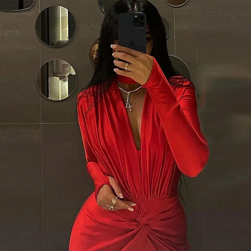 Women's Spring New Sexy V Neck Slim Bottoming Spliced Long Sleeve Jumpsuit Solid Color Lined Casual Double Layer High Waist Sheath