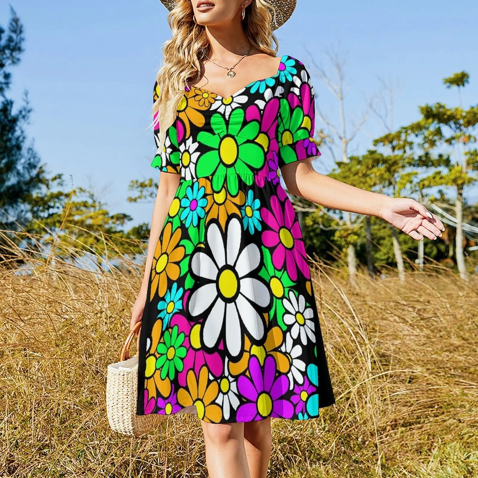 Retro Happy Daisy Daisies Flowers Happy Flowers Pattern Short Sleeved Dress beach dress Dress