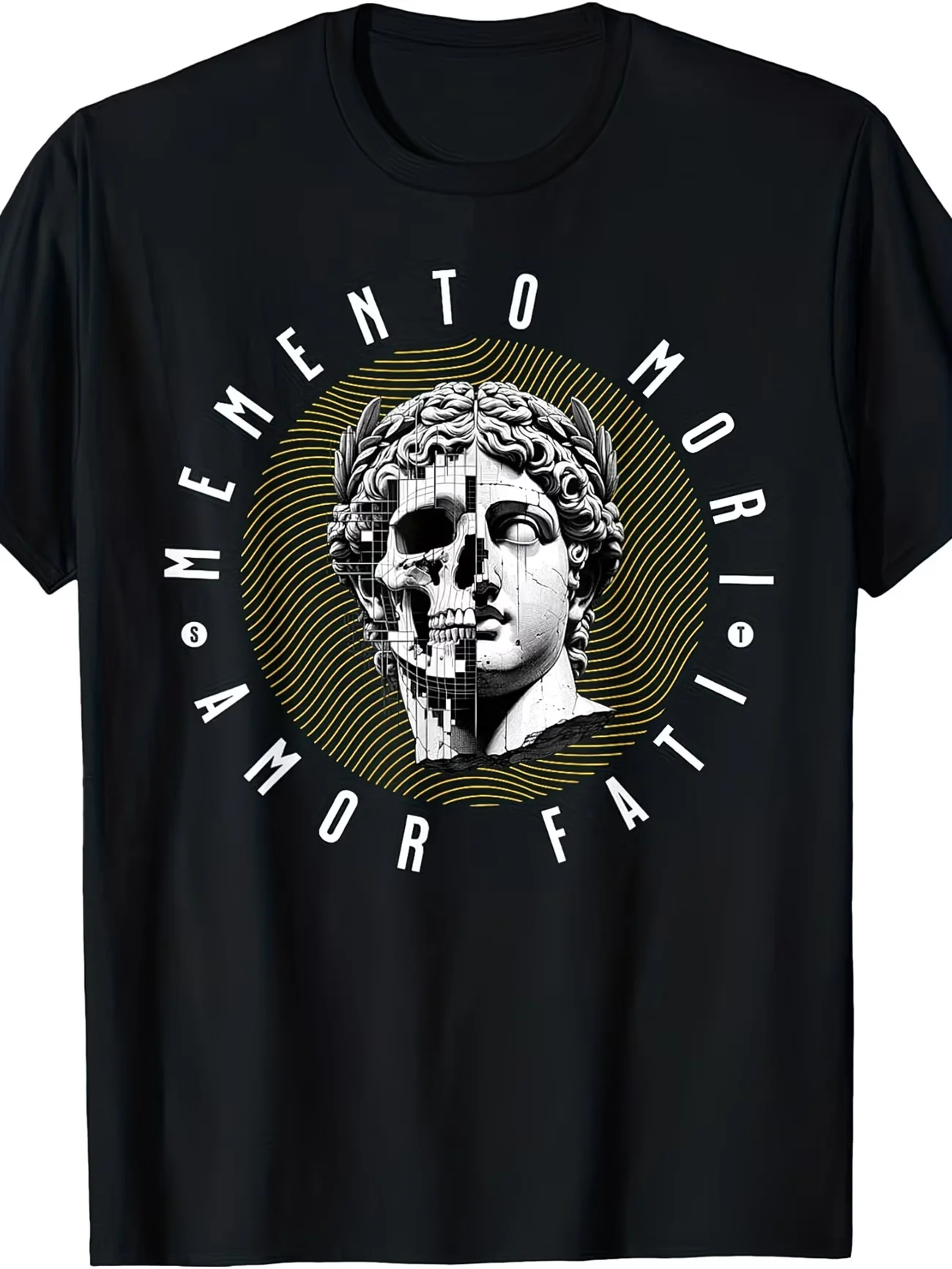 Stoic Philosophy Memento Mori Amor Fati T Shirt Men Cotton Vintage Roman Statue Skull Gothic Streetwear Tee Camiseta Masculina