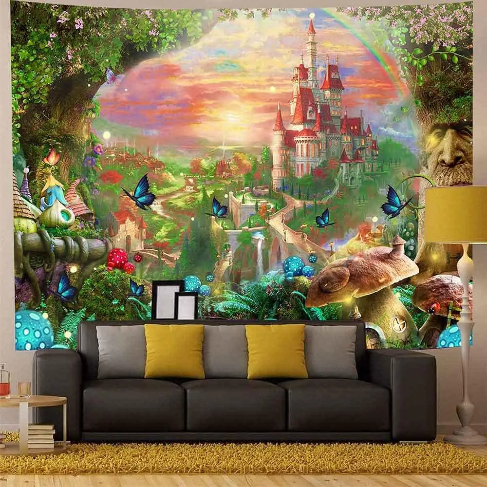 Fantasy Castle Tapestry Fairyland Forest Mushroom Wall Hanging Elven Kingdom Elf Tree House Landscape Flannel Large Tapestries
