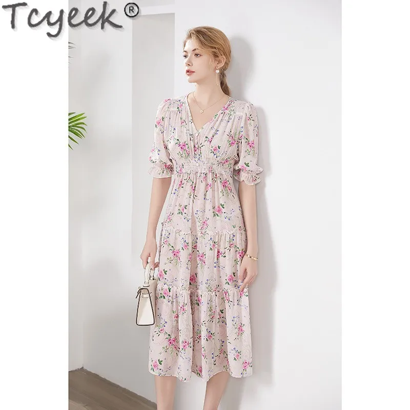 

Tcyeek 100% Mulberry Real Silk Dress High-end High Waist Dress Summer Womens Dresses Elegant Dresses for Women Clothing Print