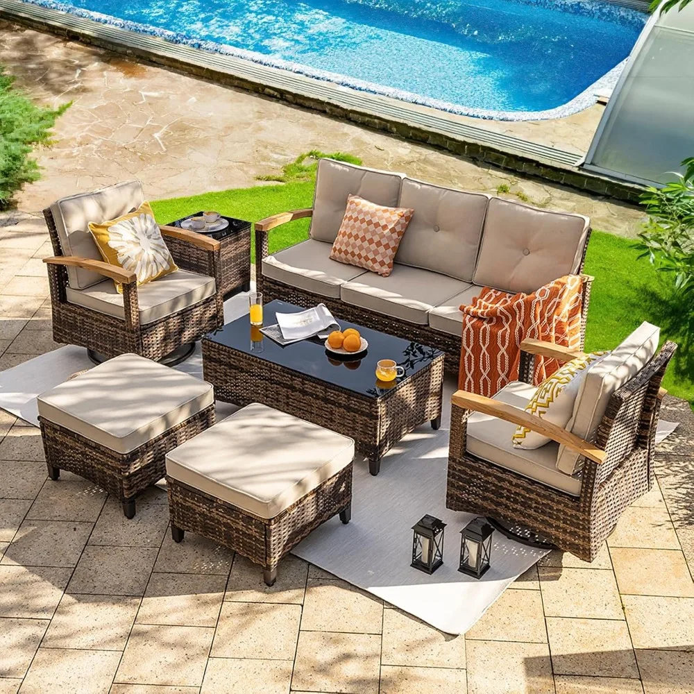

7 Pieces Patio Furniture Sets,Outdoor Rattan Furniture Conversation Sets with 2 Wood Armrests Swivel Rocker Chairs, 2 Ottoman, 2