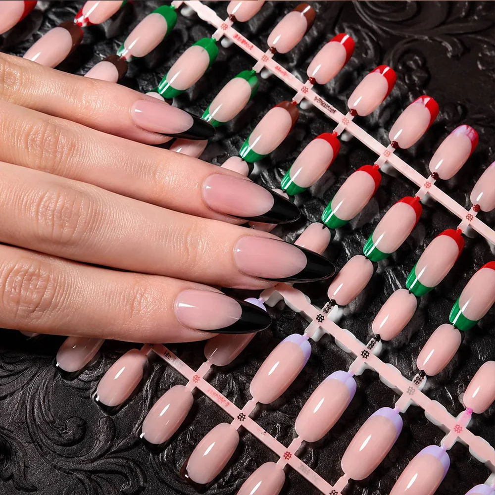 144Pcs Clean French Tip Almond Shaped Press On Nail Multicolor Finish Almond Fake Nail Wedding Ready Almond Shaped False Nail