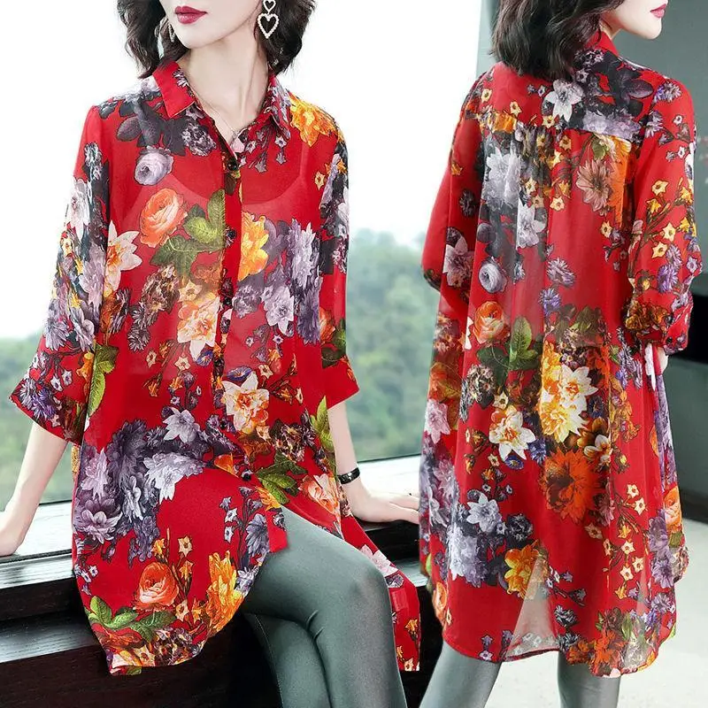 2023 New Women\'s Clothing Printing Long Sleeve Elegant Spring  Summer Floral Buttons Turn-down Collar Korean Fashion Blouses