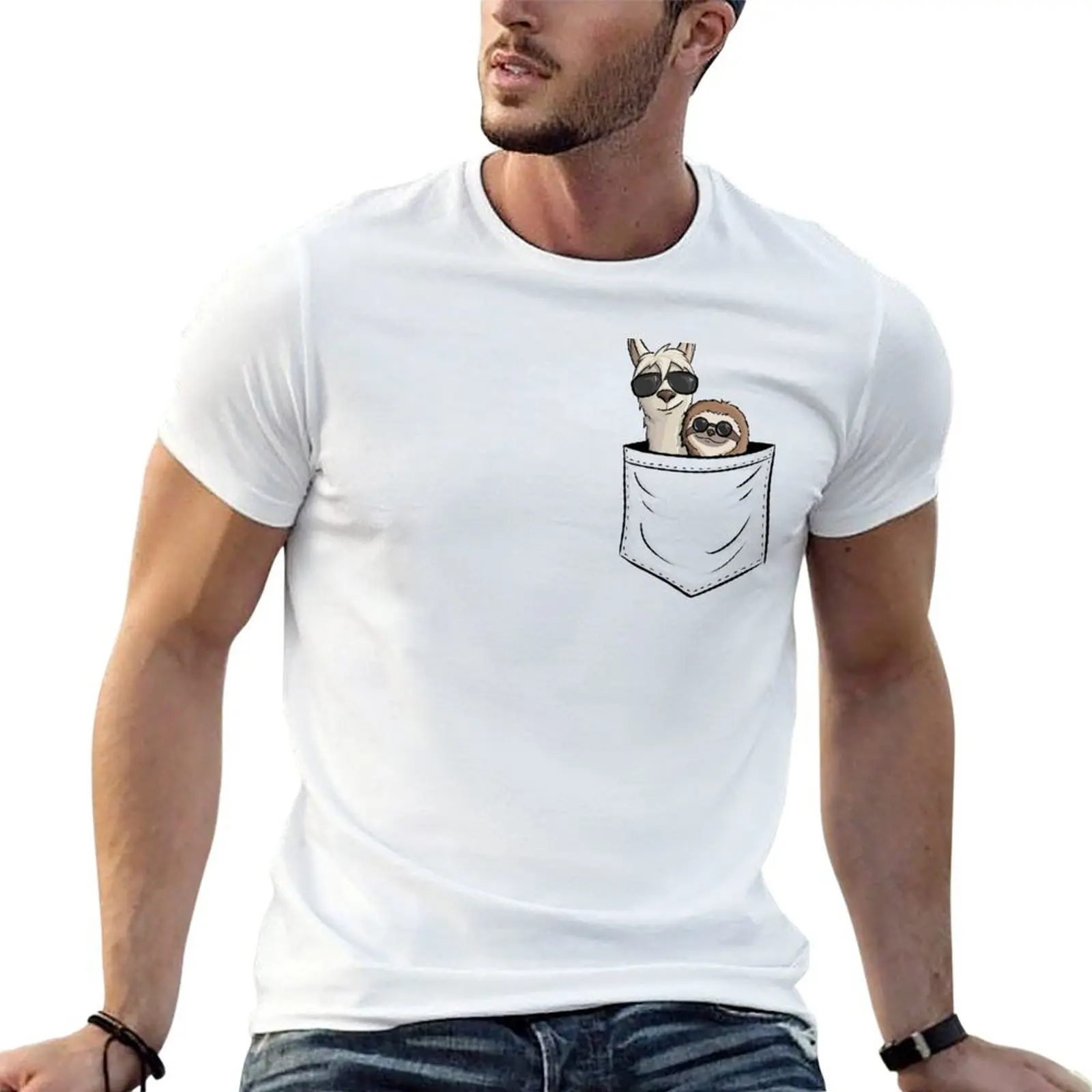 Hipster Llama & Sloth With Sunglasses | Animal In Pocket T-Shirt Funny t-shirts fashion shirts funny t shirts men