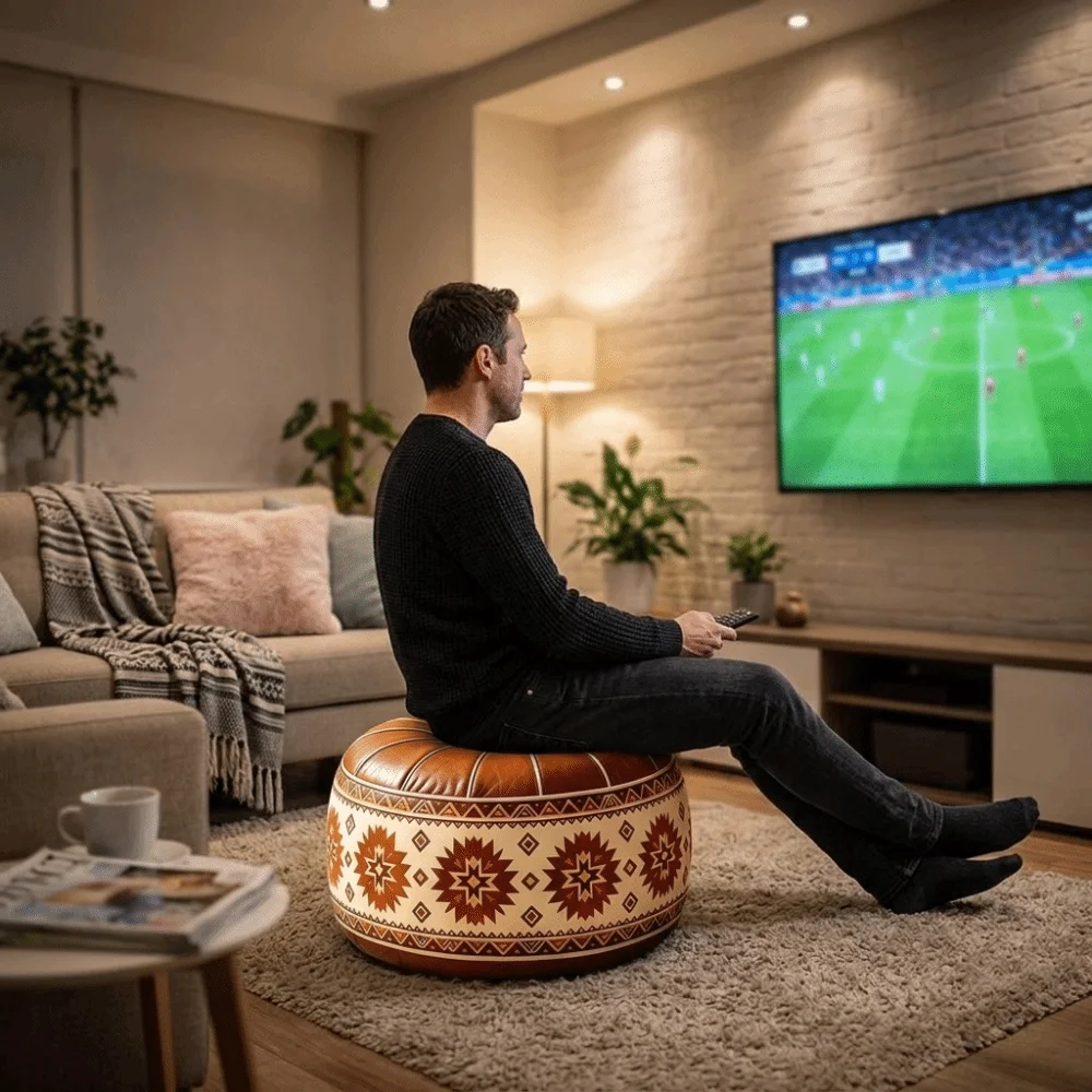 Boho Style Sofa Stool Cover PU Leather Waterproof Round Footstool Cover Geometric Pattern Large Capacity Storage Ottoman Leisure