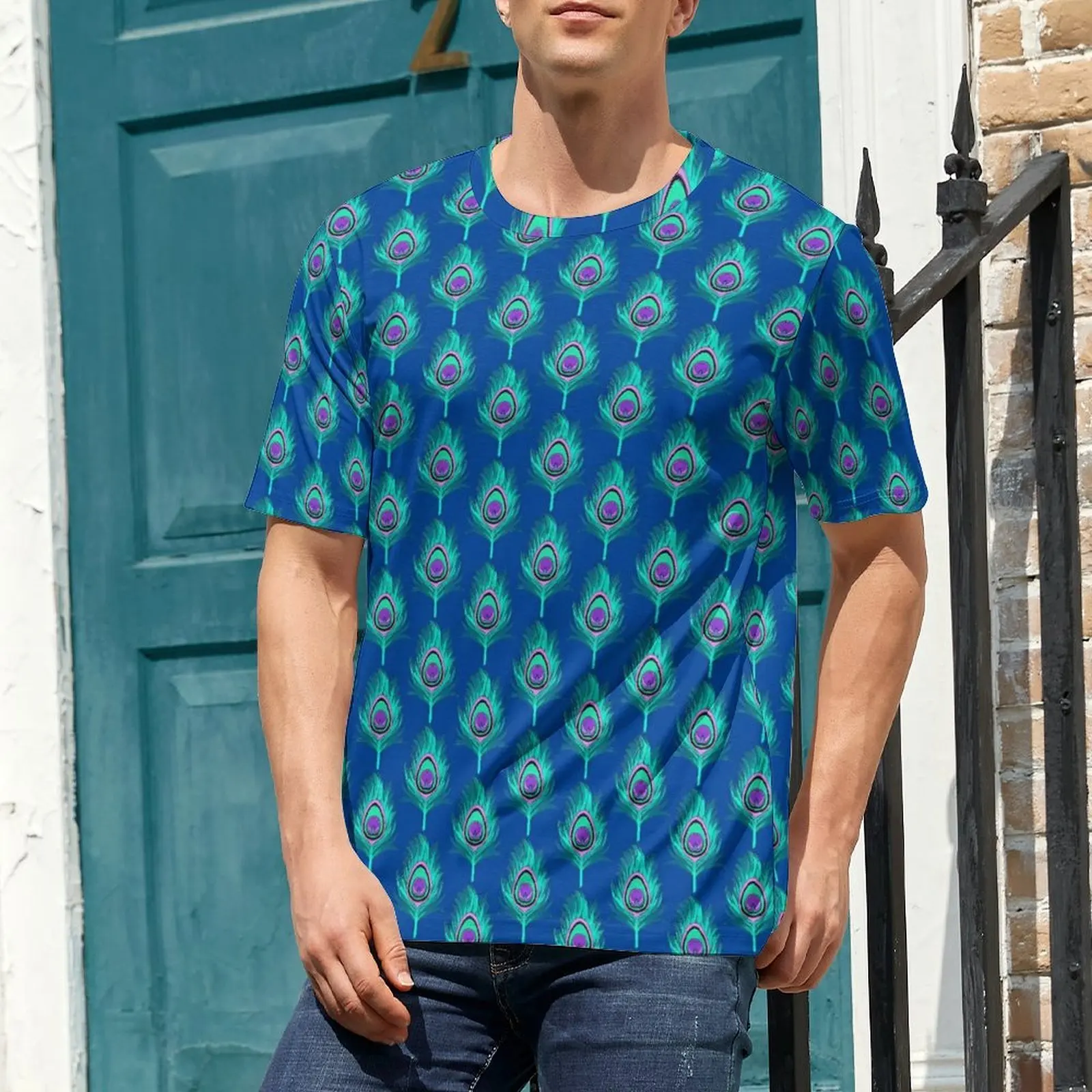 Summer T Shirt Blue Peacock Feathers T Shirts Animal Print Funny Trendy Tees For Man Short-Sleeved Design Oversize Clothing