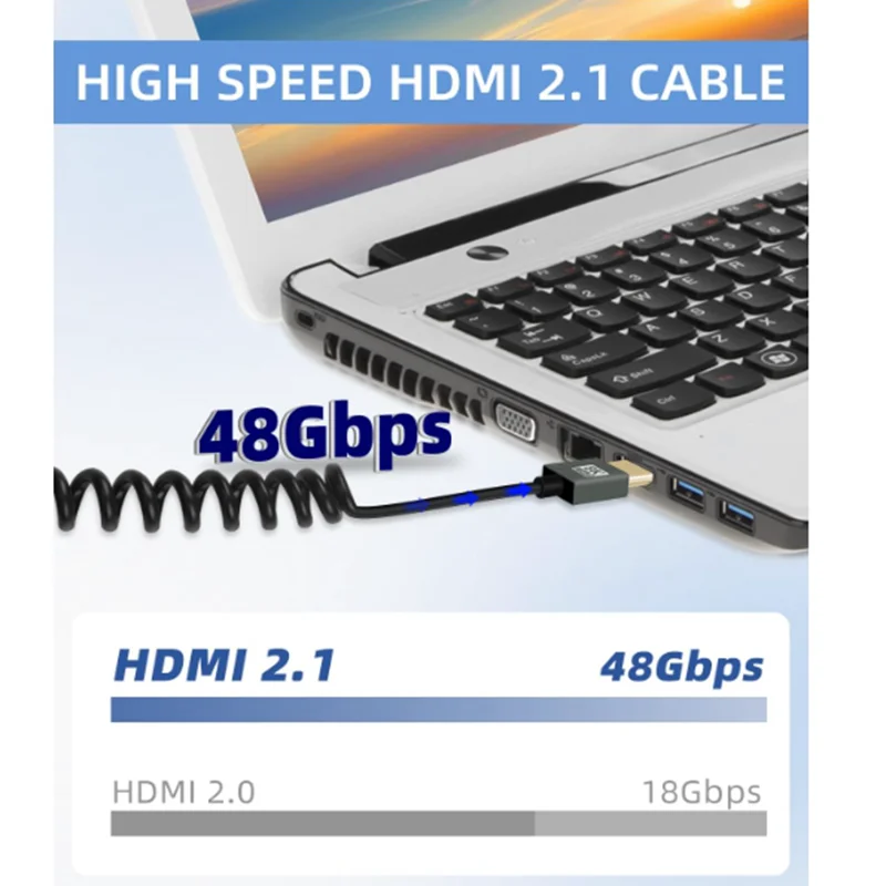 8K HDMI-compatible Coiled Cable, Ultra HD High Speed 2.1 Support 8K 4K 3D and Dynamic HDR Up to 48Gbps, Compatible with TV, PC.