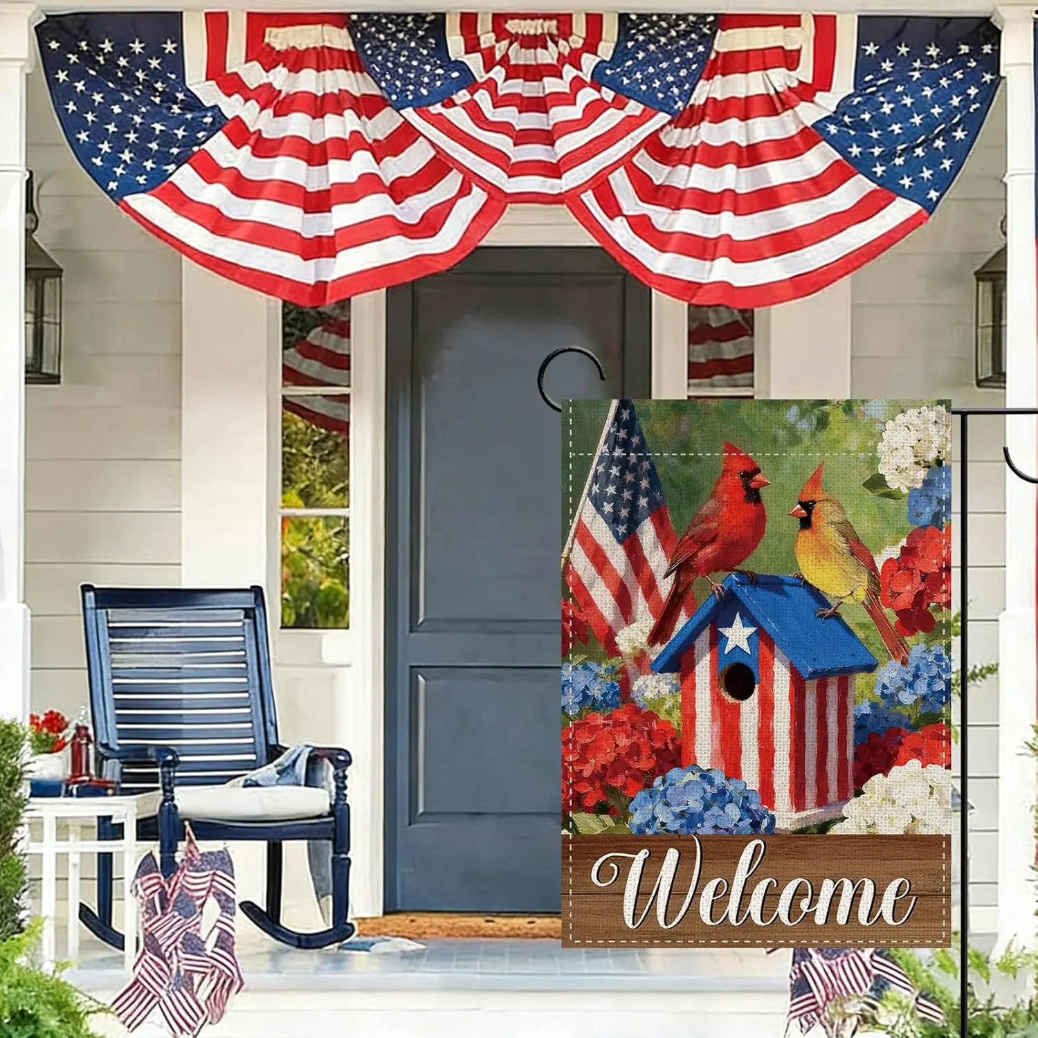 Welcome 4th of July Patriotic Cardinal Birdhouse Decorative Garden Flag, America Hydrangea Flower Small Yard Outside Decorat AAS