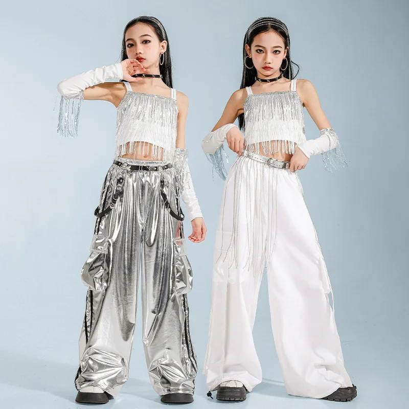 Girls Hip Hop Jazz Clothing Sets Tassels Crop Tops + Shiny Leather Pants Children Performance Catwalk Street Dance Costumes