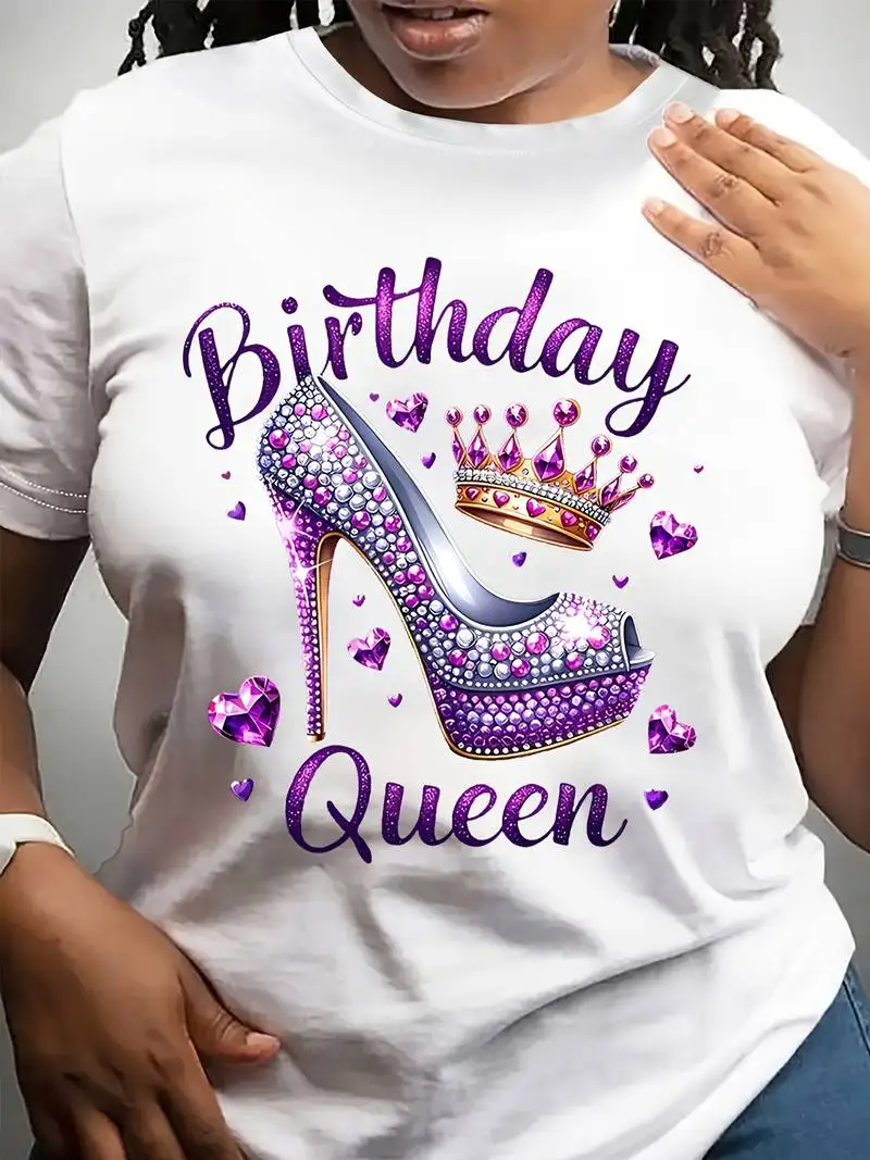 

Plus - Size White Round Neck T - Shirt with Birthday - themed 'Queen' Print: Glitzy - celebratory and Regal