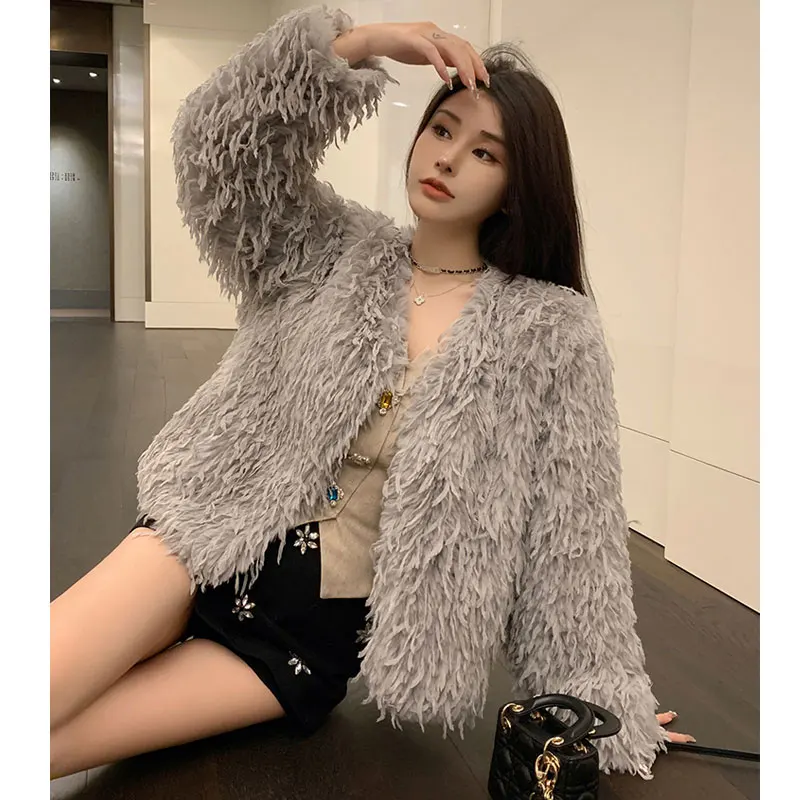 AutumnFaux Fox Fur Woman Coat Fashion Winter Feather Tassel Cardigan Fleece Short Jacket Coat Sexy Party Club Outfit Overcoat