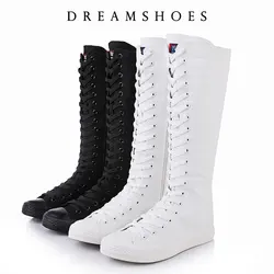New Fashion Women's Canvas Boots Lace Zipper Knee High Boots Boots Flat Shoes Casual High Help Punk Shoes Girls