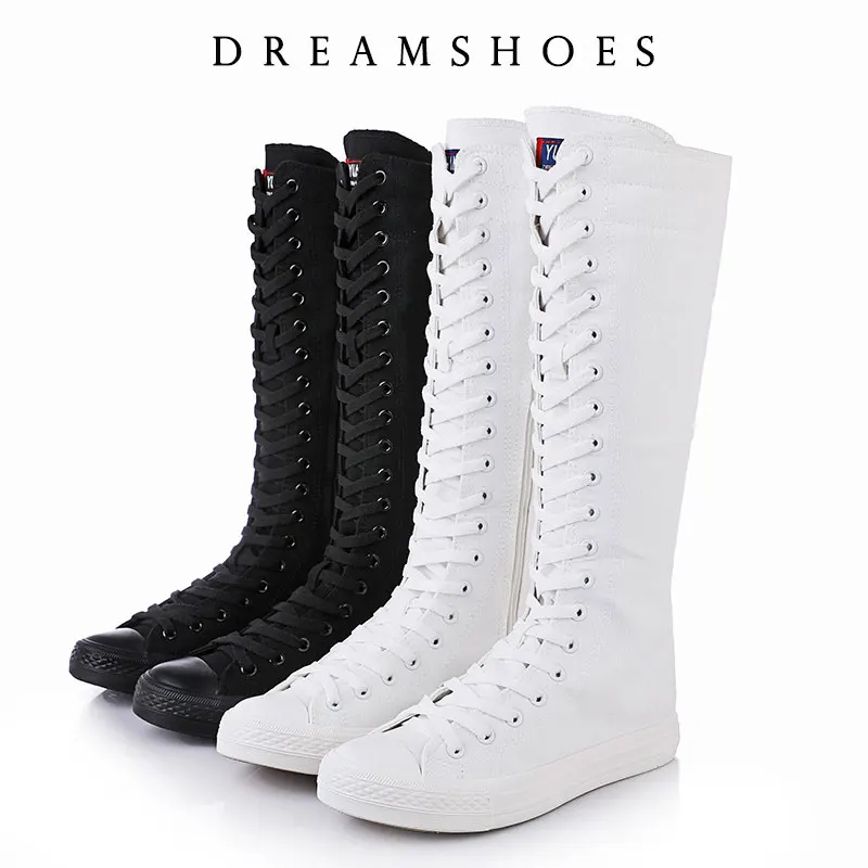New Fashion Women's Canvas Boots Lace Zipper Knee High Boot Flat Shoes Casual High Help Punk Shoes Girls
