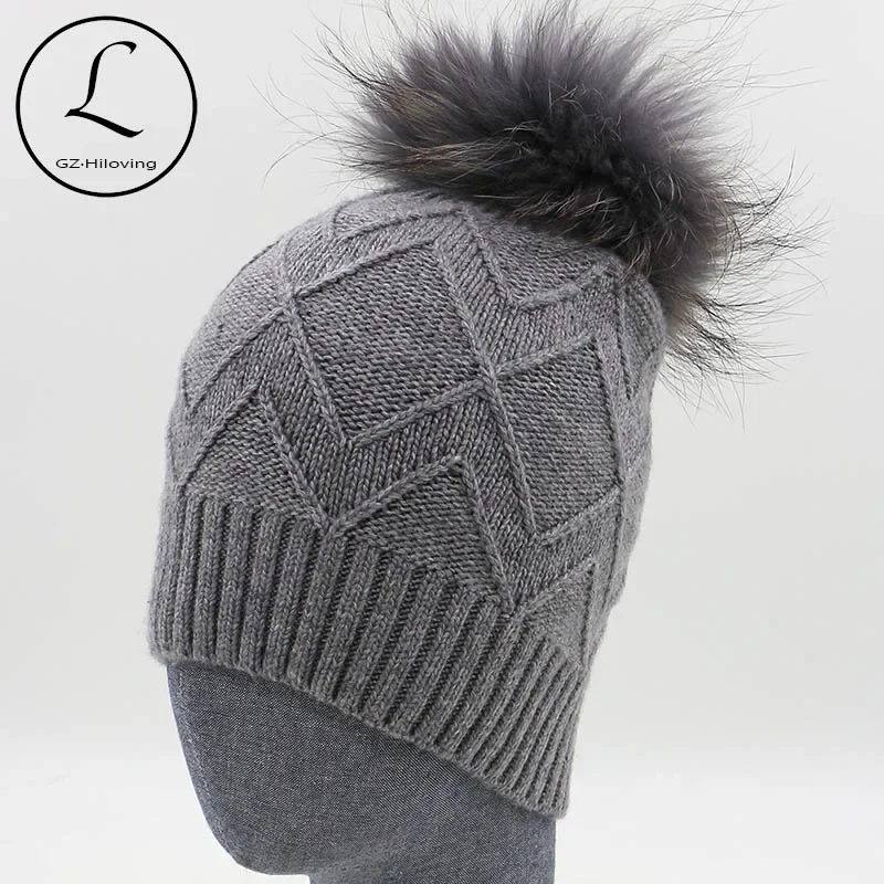 GZHILOVINGL 2017 Winter Hats Wave Striped Wool Caps With Big 15-16CM Real Fur Pom Pom Beanie Hat Women Hats Caps Mujer 16523C2