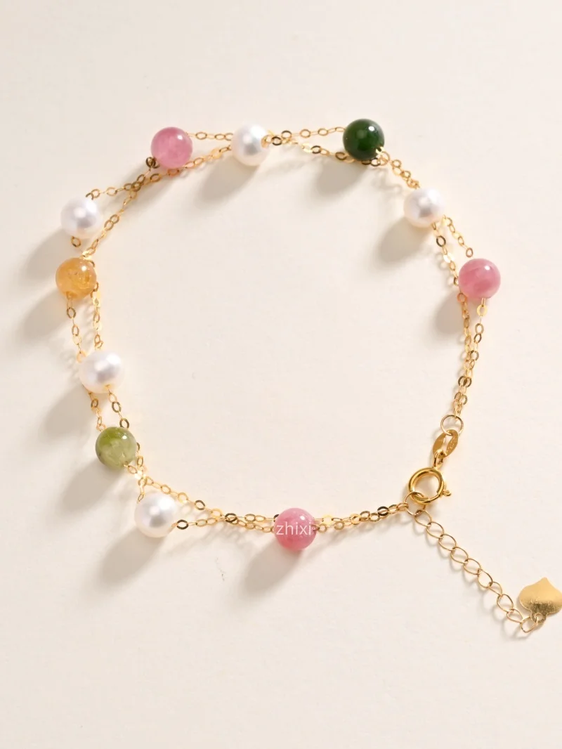 

NYMPH 18K yellow Gold Bracelet Double-layer Fine Jewelry au750 natural frewahter pearl and tourmaline round gift for women S1003