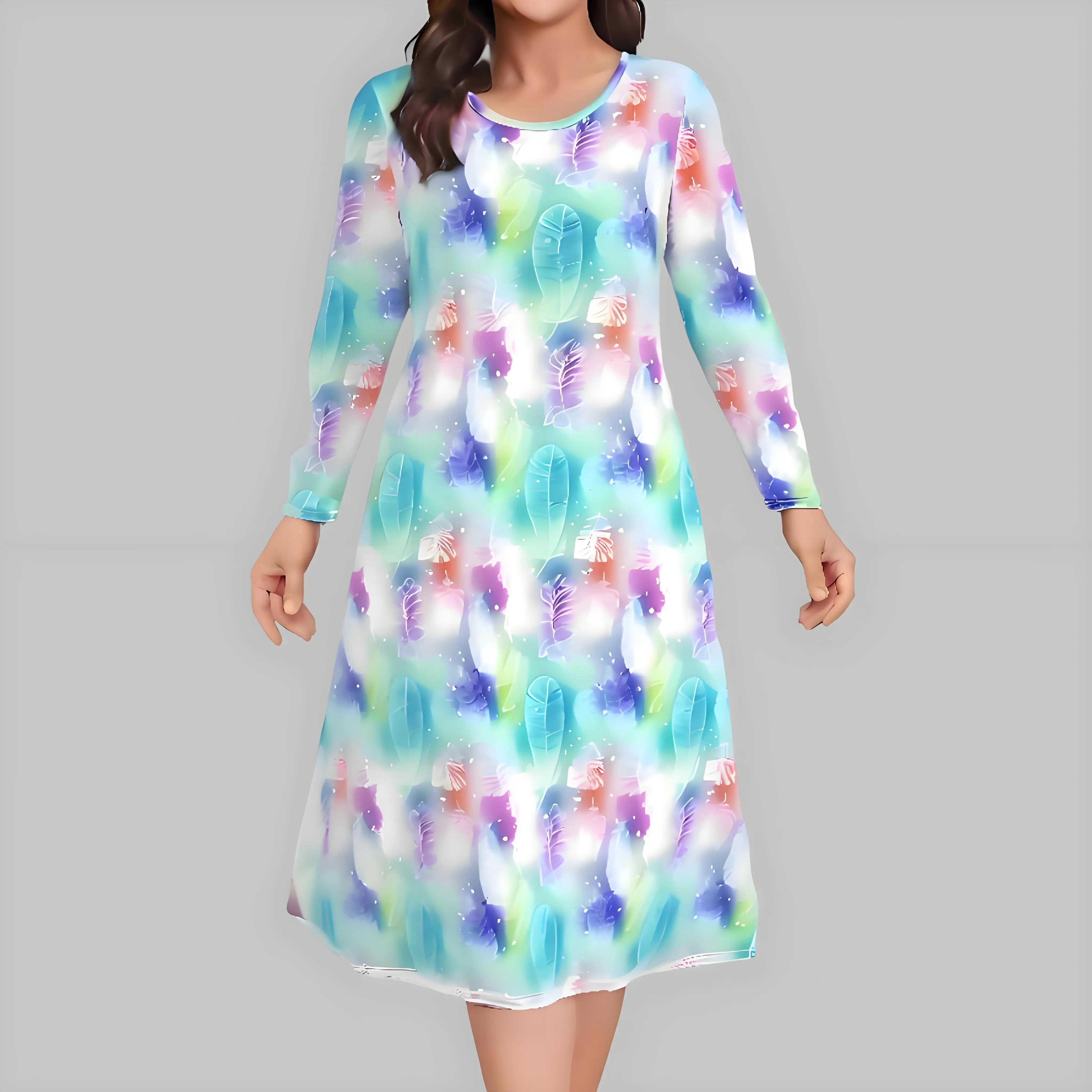 

Gradient Tie-Dye Women's Dresses Elegant Women's Midi Dresses Autumn Round Neck Long Sleeve Design Irregular Pattern Clothing