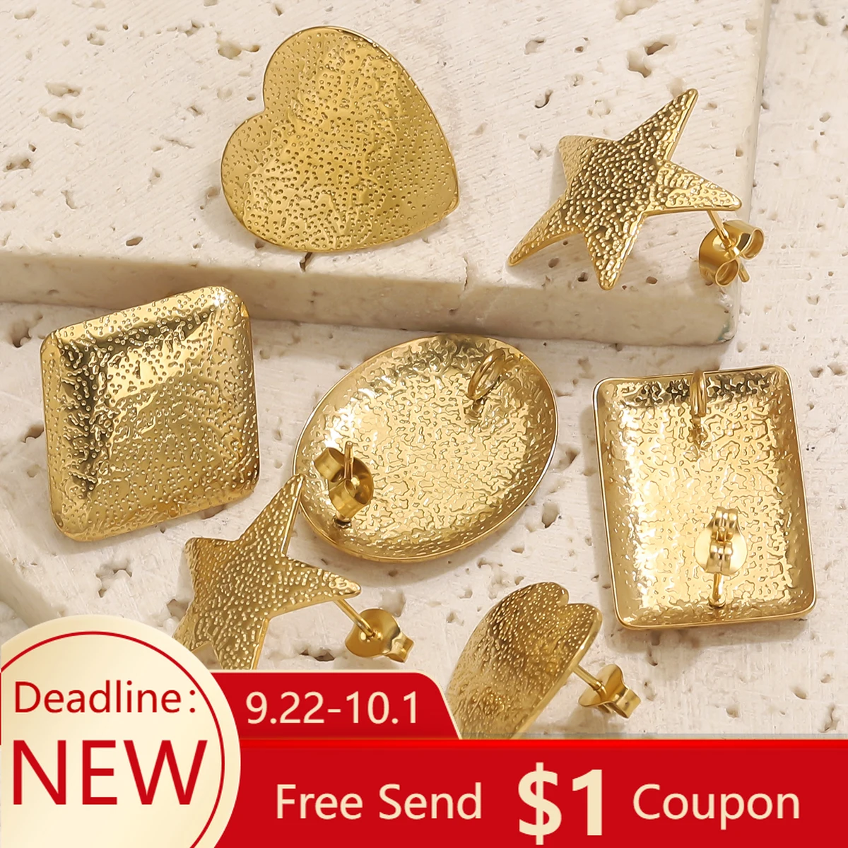 

10pcs Stainless Steel Earring Settings Gold-plated Textured polished Pentagram Square for DIY Jewelry Making Material Wholesale