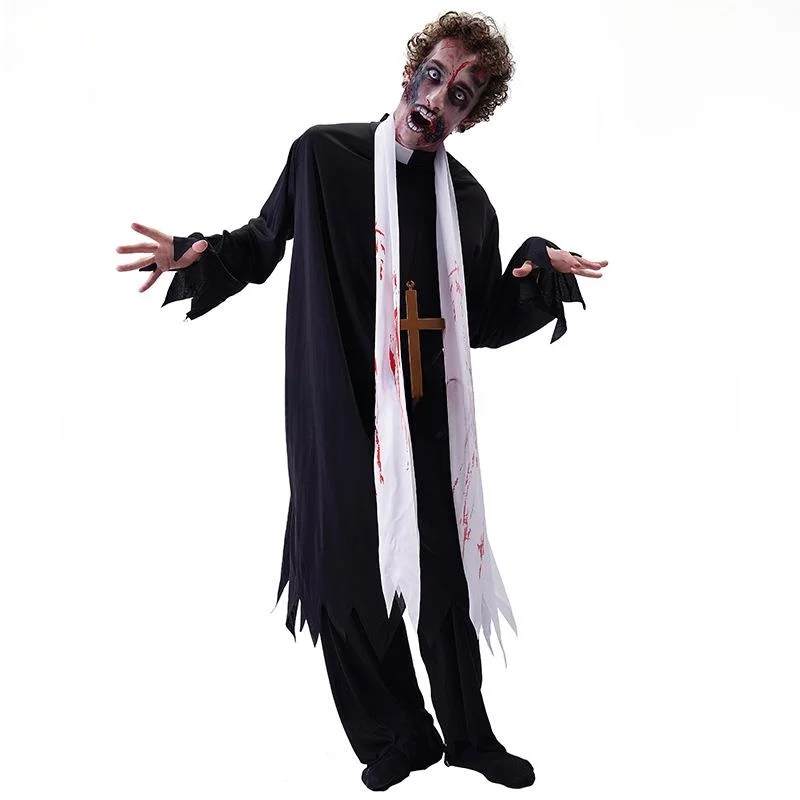 

Мужской халат зомби-священника на Хэллоуин, костюм ужасов для косплея, наряд для выступления на сцене, длинное платье, осенняя мода, женская одежда...