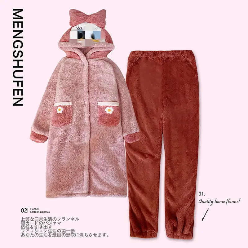 Cartoon Duck Coral Velvet Sleepwear Women\'S Autumn And Winter Warm Flannel Winter Hooded Cute Robe