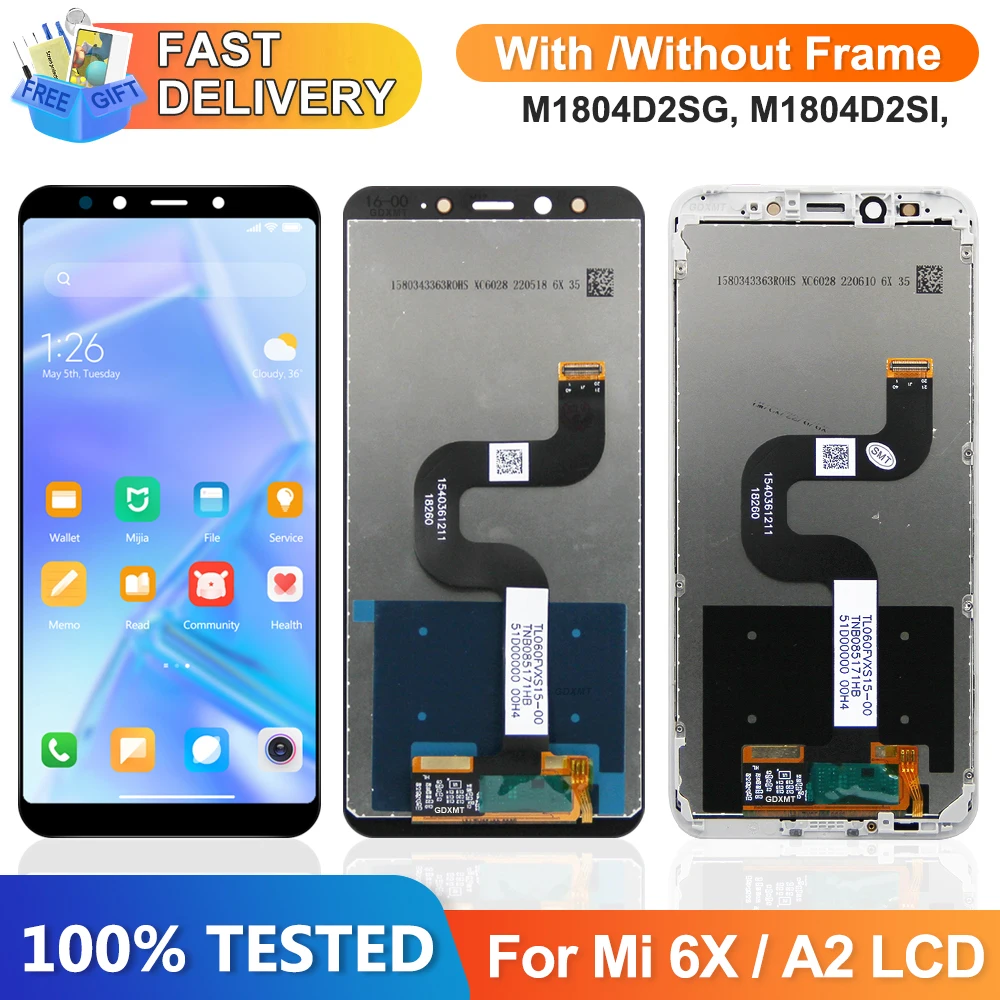 Экран для Xiaomi Mi A2 M1804D2SG M1804D2SI ЖК-дисплей с цифровым преобразователем сенсорного экрана в сборе с рамкой для замены Xiaomi Mi 6X Экран для Xiaomi Mi A2 M1804D2SG M1804D2SI ЖК-дисплей с цифровым преобразователем сенсорного экрана в сборе с рамкой для замены Xiaomi Mi 6X