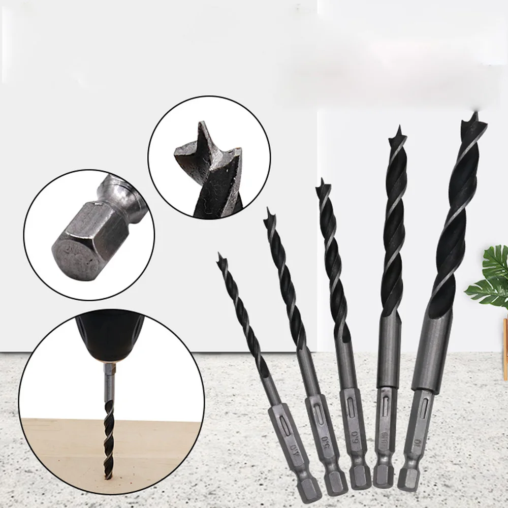 

5pcs 4mm 5mm 6mm 8mm 10mm Quick Change Metal Tools 1/4" Hex Shank Wood HCS Drill Bit Set Round handle