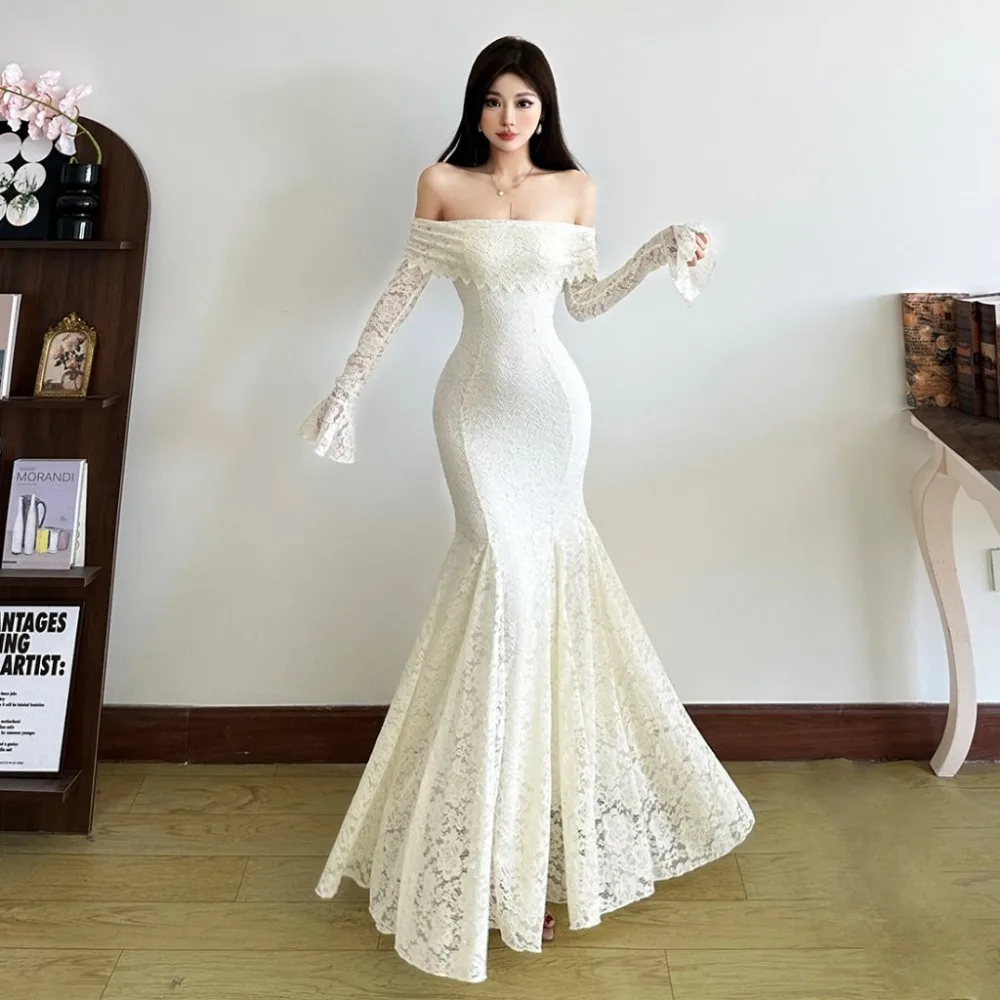 SylCue シャーリングエレガントロングドレス女性スラッシュネックバックレスレースパッチワークフレアスリーブミッドナイトプロムパーティースキニー Vestidos