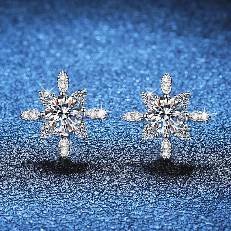 Test Passed Moissanite Stud Earrings Women Snowflake Earring 925 Sterling Silver Plated Rhodium Sparkly Fine Jewelry Gift