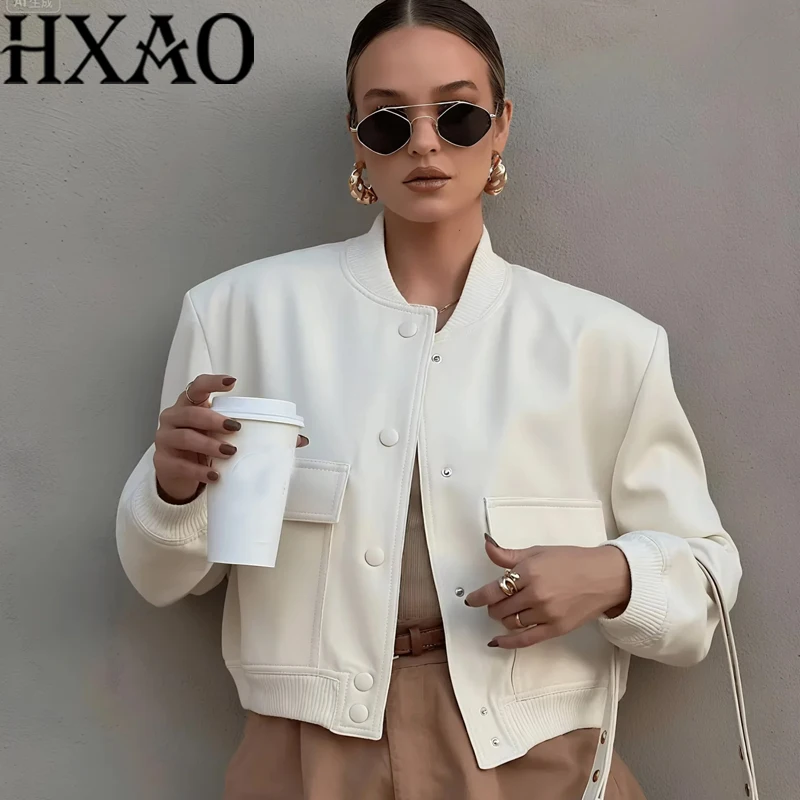 

HXAO женская куртка-бомбер Демисезонные куртки с длинными рукавами Верхняя одежда Укороченная бежевая черная куртка на пуговицах Куртка-авиатор женская