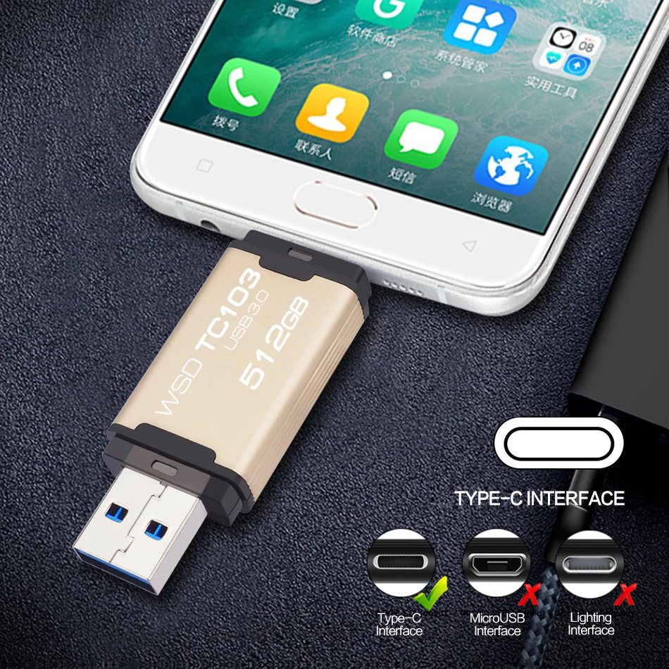 WANSENDA USB Flash Drive 128GB 2-IN-1 USB 3.0 + TYPE-C Pendrive 32GB 64GB Dual Type C Memory Stick 256GB 512GB Thumbdrive