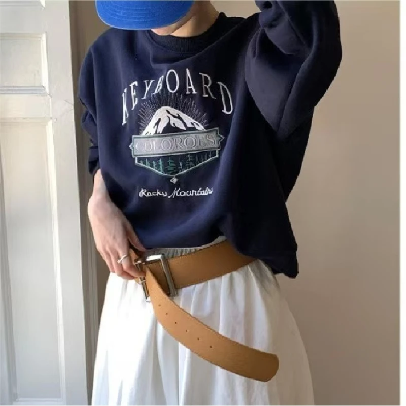 Winter Thickened Long Sleeve Sweatshirt Lazy Style Oversized Hoodie Women's round Neck Personalized Letter Print Comfortable Top