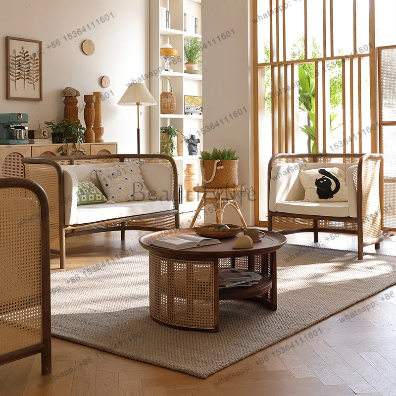 Wabi Sandy Wind Solid Wood Sofa Household Cream Wind Japanese Ash Wood Rattan Sofa