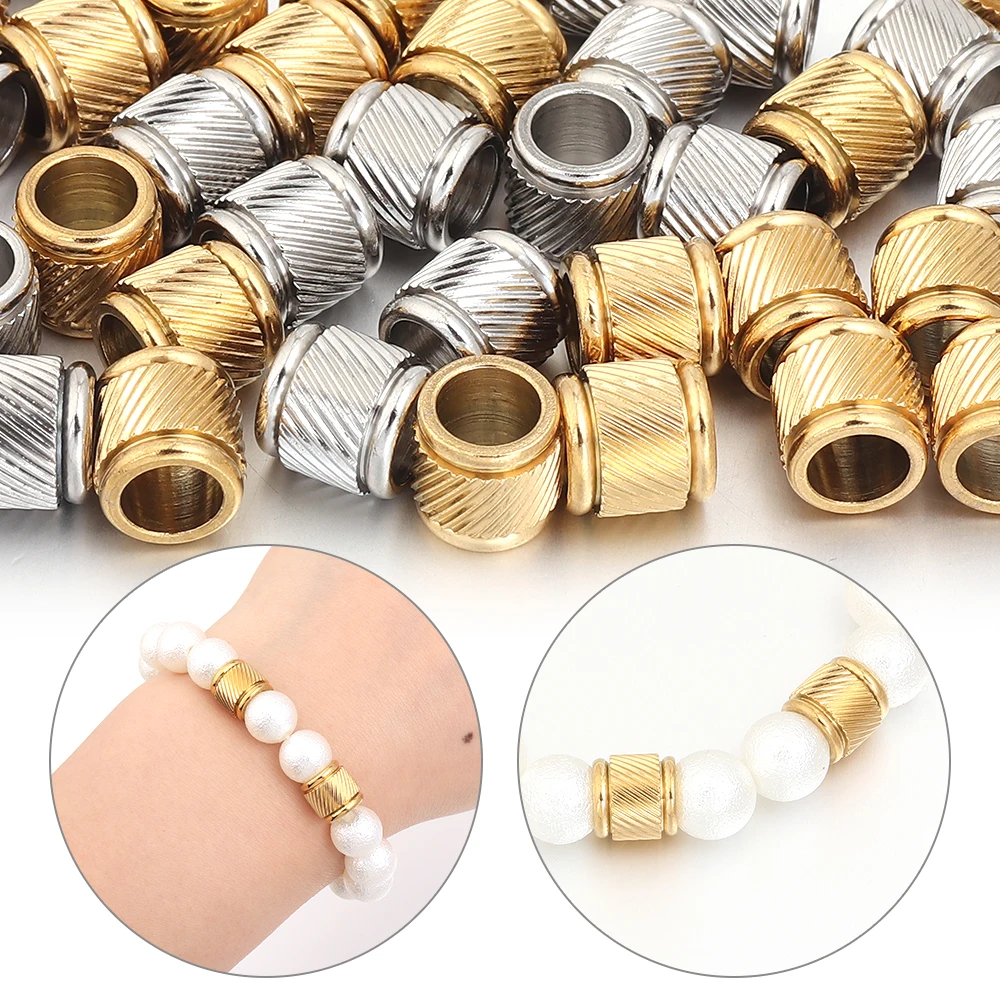 5-10pcs/lot Stainless Steel Cylinder Beads Multi Texture Big Hole Diagonal Striped Barrel Spacer Beads Bracelet Jewelry Making