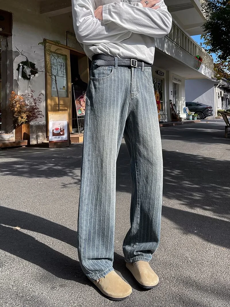 

Retro American Starry Pattern Loose Straight Leg Jeans Men's Summer Thin Stripe Washed Casual Pants Youth Trendy Brand