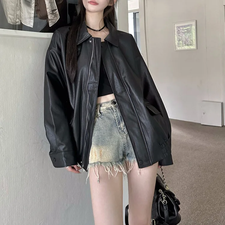 Retro American Brown Leather Jacket Women's 2026 Spring Autumn New Sweet Cool Style Motorcycle Clothes Loose Top Women