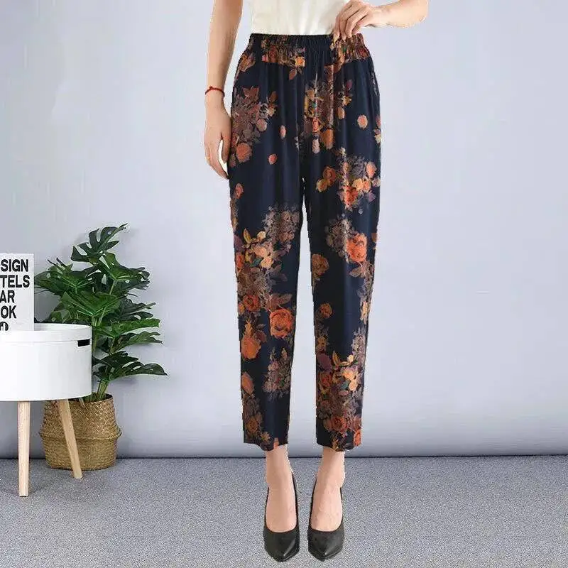 

2025 Summer Middle-aged Women's Pants Nine-point Pants Loose Straight Pants For Elderly Ladies High-waisted Flower Printed Pants