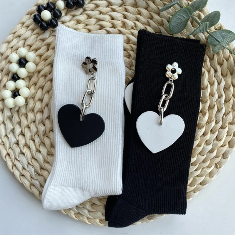 2 paires chaussettes gothiques Punk en coton pour femmes, Harajuku, pendentif cœur d'amour, chaîne, japonais, bas