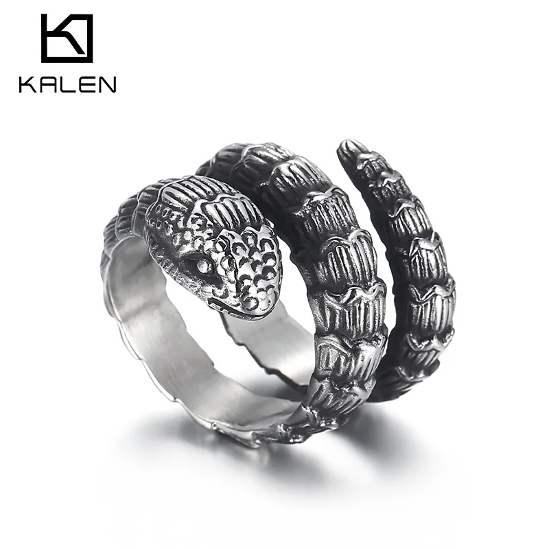 

KALEN Punk Snake Charm Ring Men Stainless Steel 316L Cool Boyfriend Gift #9-#13