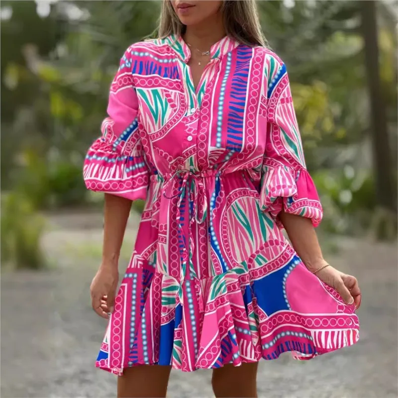 2024  Summer New Fashion Women's Mini Dress V-Neck Flare Sleeves Boho Print Skirt Spliced Sexy Holiday Beach  Dress Streetwear