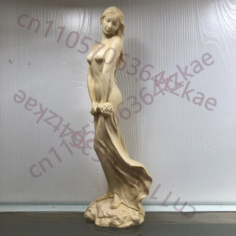 Hand Carved Hinoki Wood Wooden Beauty Statue Figurine - Standing Woman with Flowers Ornament Home Office Desk Decor Gift