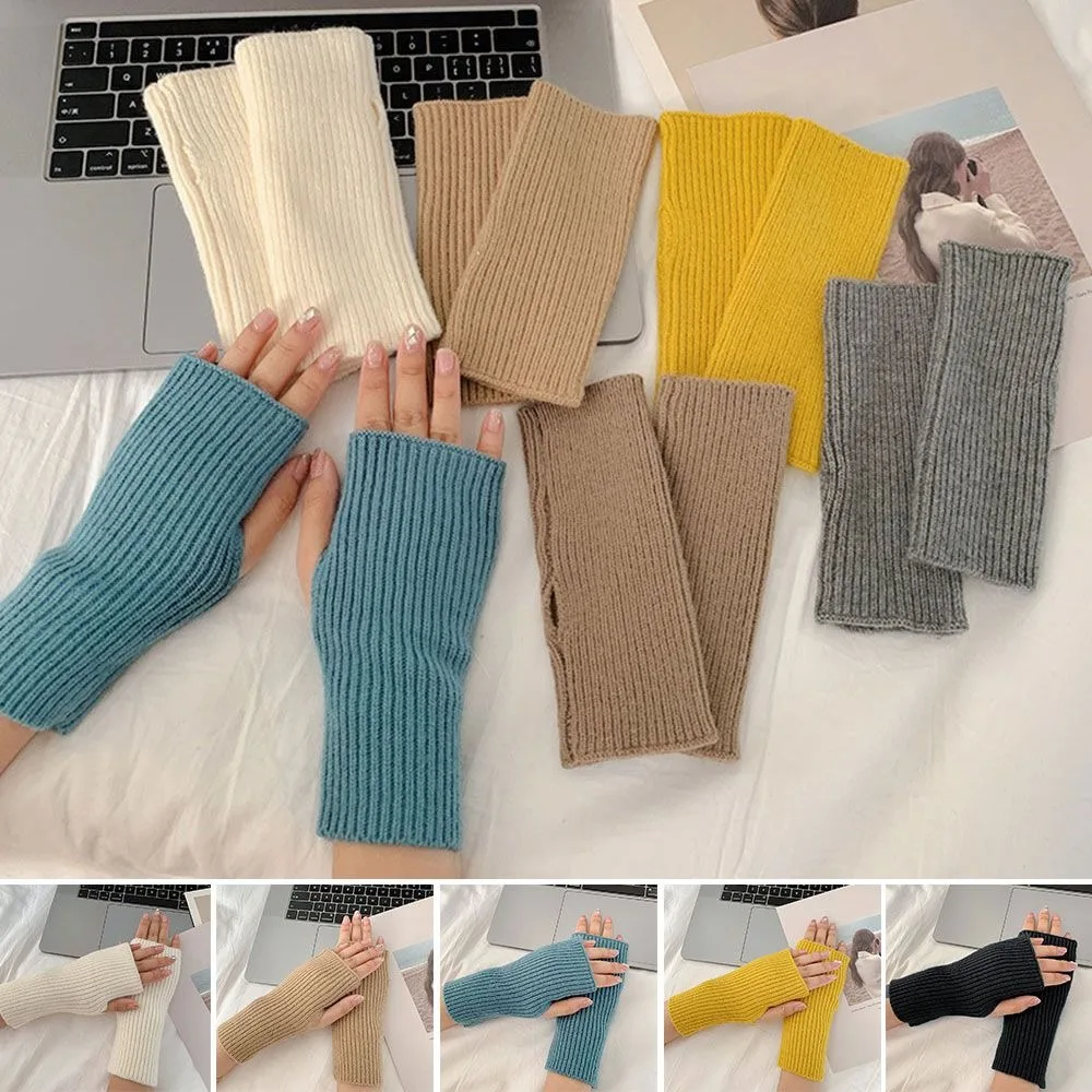 New Soft Half Finger Gloves Keeping Warm Knitting Half Finger Mitten Solid Color Winter Gloves Women