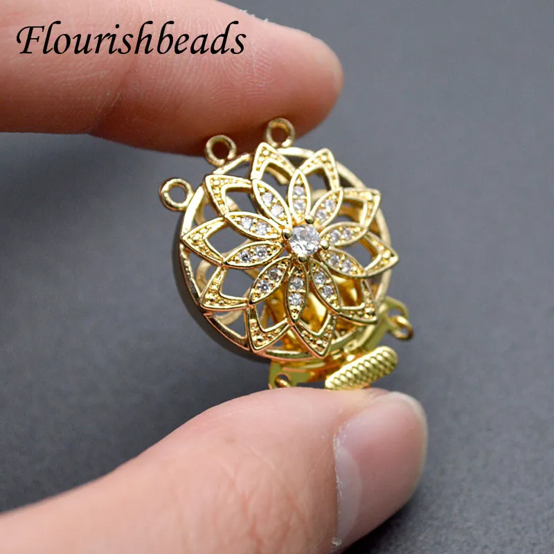 Nickle Free Anti Rust Gold Plating CZ Beads Box Clasp Flower Shape Multi-Strand Clasps DIY Bracelet for Jewelry Making