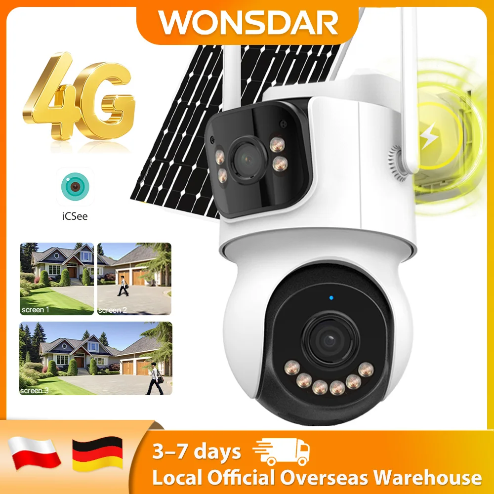 WONSDAR 4G Telecamera solare 24 ore Registra PTZ Telecamera esterna a tre schermi Monitoraggio automatico Pannello solare Batteria incorporata iCSee