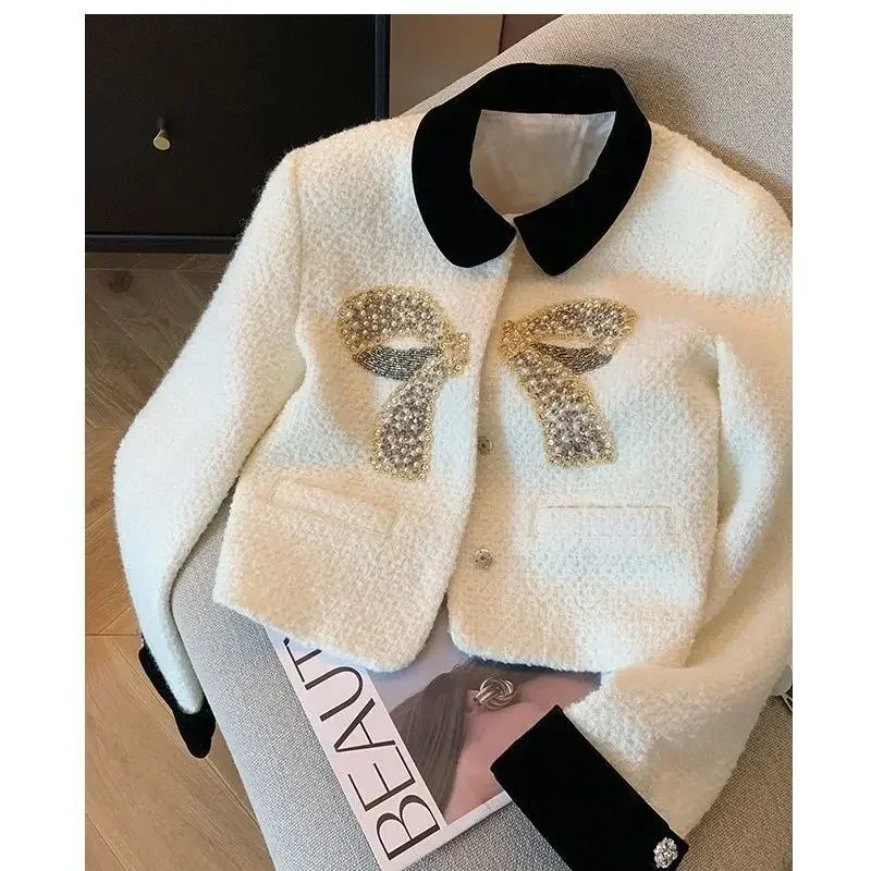 Korejpaa Elegant Beaded Bow Stitched Jackets Autumn Winter Women Clothes French Style Contrast Turn-down Collar Short Coat